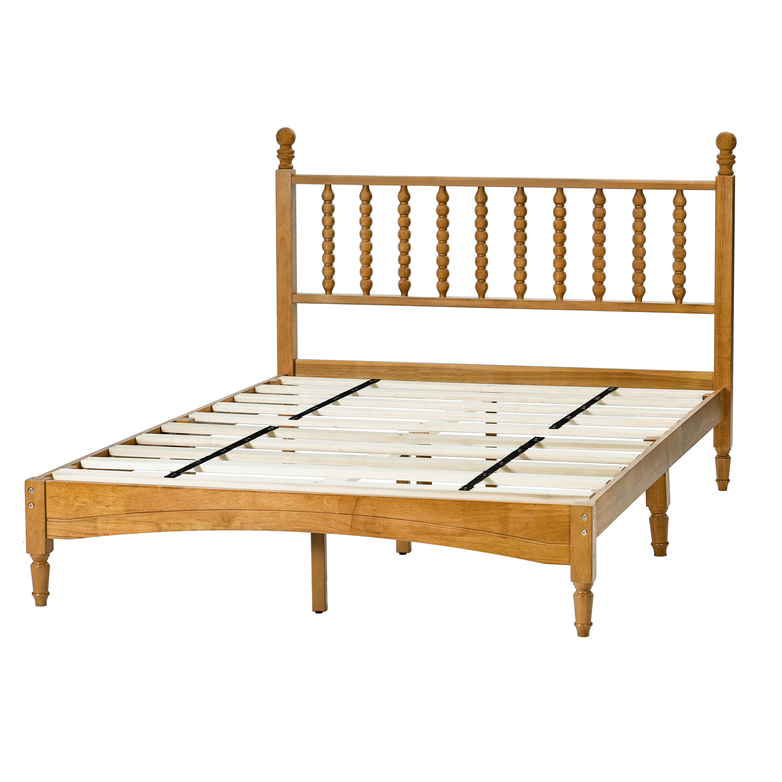 Wood Bed Frame with Spindle Headboard, Solid Rubber Wood Foundation with Wood Central Supports, 1000 Lb Capacity, Easy Assembly, No Box Spring Needed, Full - Rustic Oak Wood Bed Frame with Spindle Headboard, Solid Rubber Wood Foundation with Wood Central Supports, 1000 Lb Capacity, Easy Assembly, No Box Spring Needed, Full - Rustic Oak
